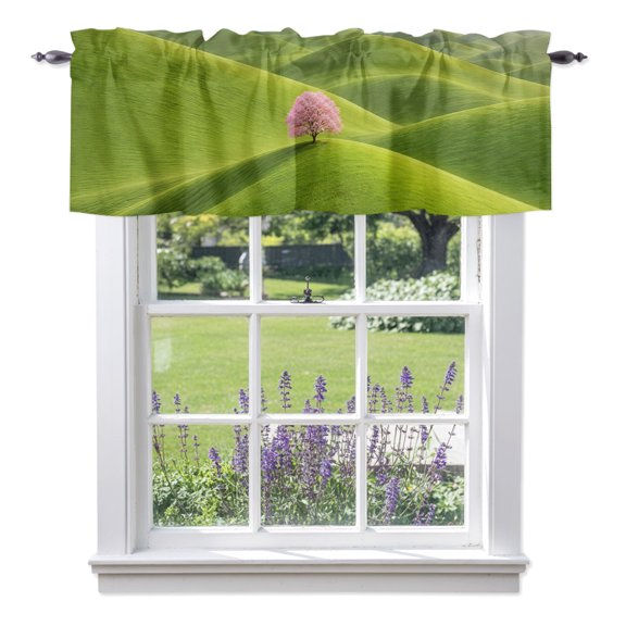 Pink Tree Rolling Hills Window Valance for Kitchen, Nature Grass Landscape Rod Pocket Short Curtains for Bathroom Bedroom Small Windows, Light Filtering Decorative Valances, 60 x 14 Inches