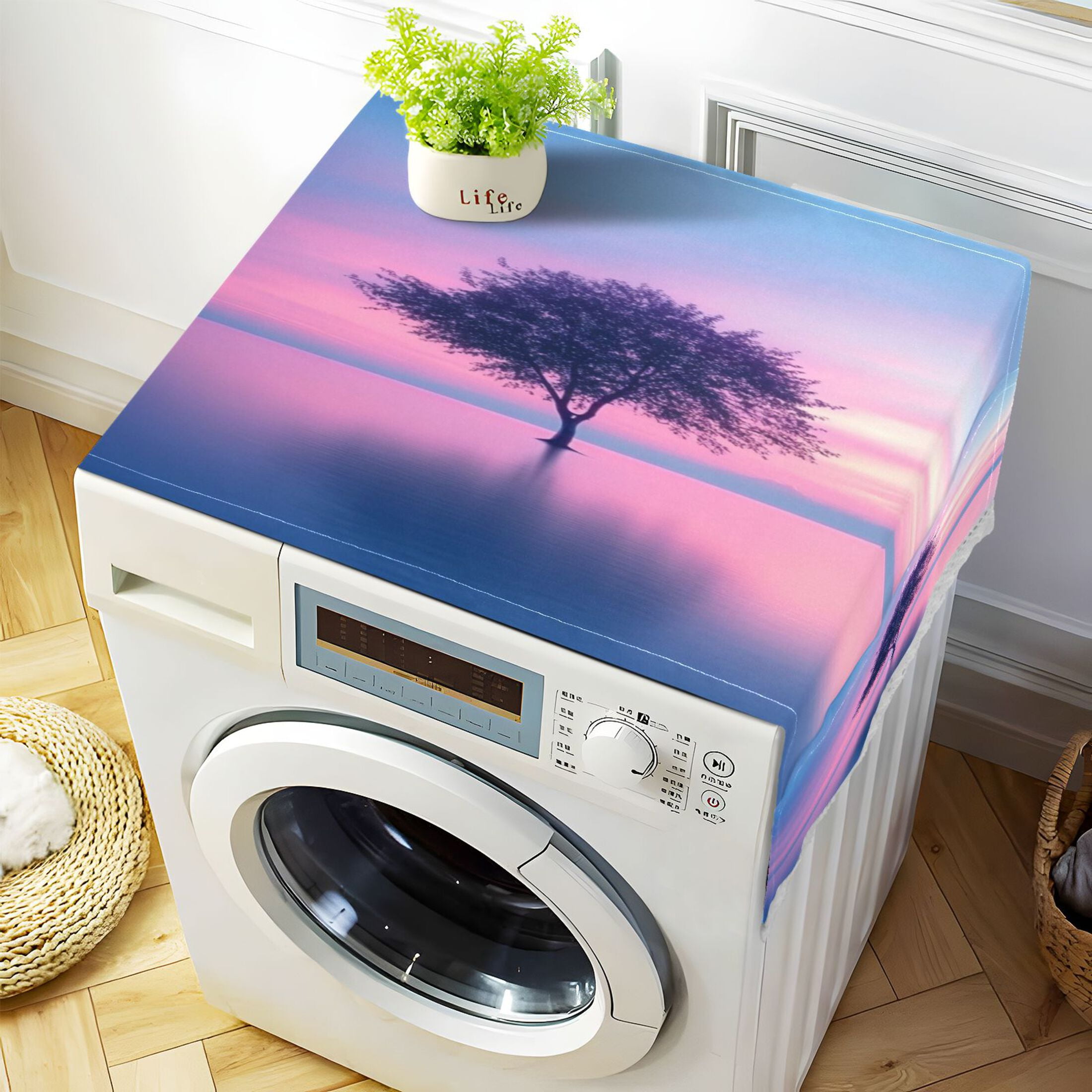 Pink Tree Washer and Dryer Covers Dust-Proof and Oil Resistant Fridge Cover with 4 Storage Pockets Washing Machine Top Cover for Laundry Kitchen Home 51.2 x 22 In