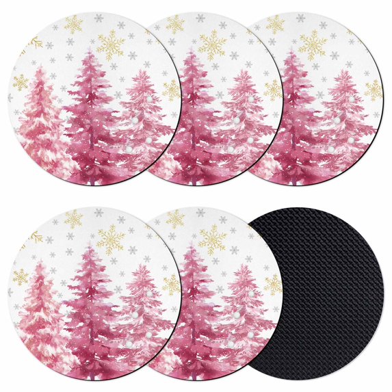 Pink Trees Christmas Coasters Set of 6, Absorbent Coasters for Drinks, Xmas Tree Snowflake Winter Coaster for Desk Coffee Table Protection, Home Decor House Warming Gifts 4"