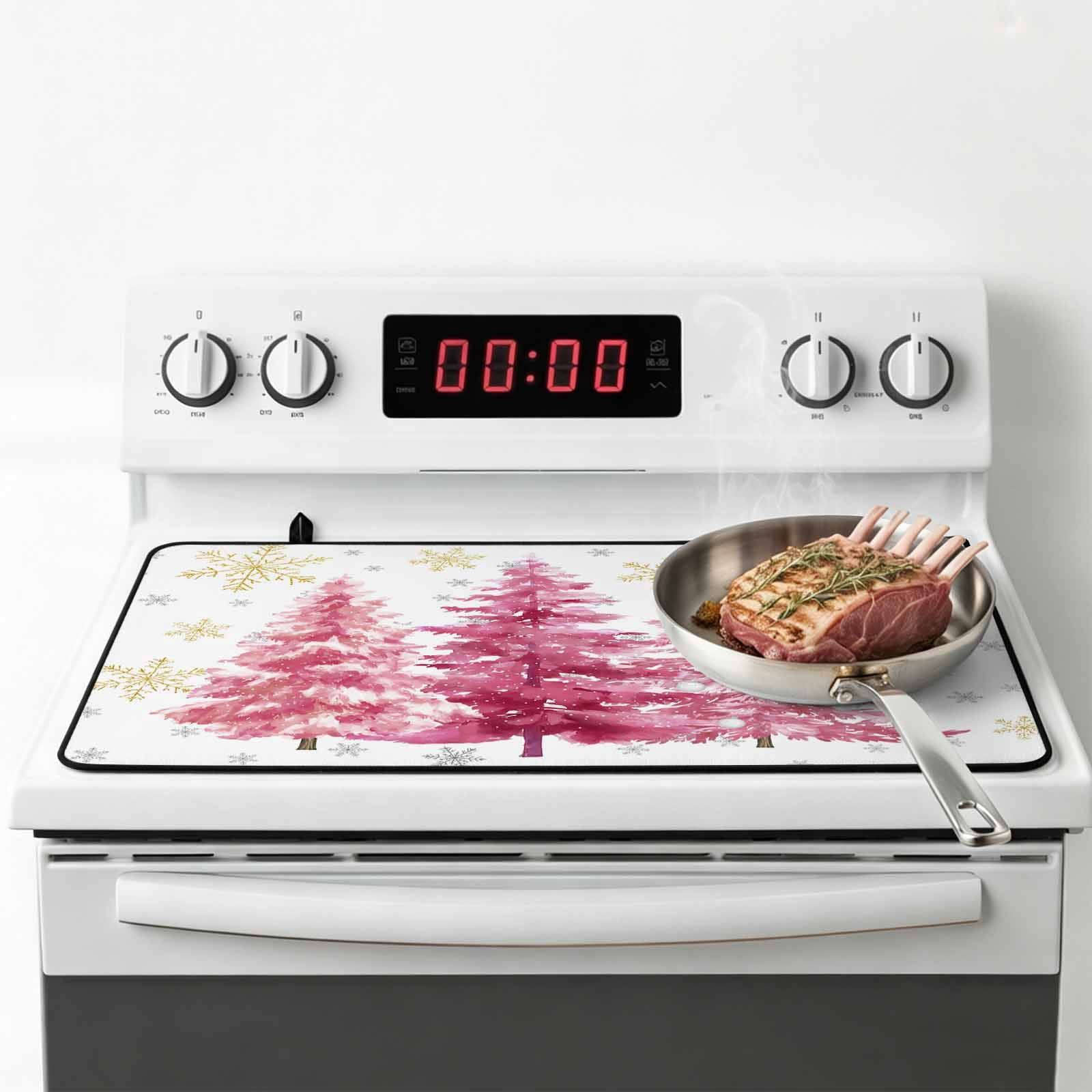 Pink Trees Christmas Stove Top Cover for Electric Stove, Heat-proof & Non Slip Glass Top Stove Cover Protector, Xmas Tree Snowflake Winter Kitchen Flat Cooktop Rubber Mat 24x21 Inches