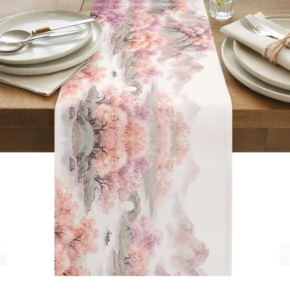 Pink Trees Cotton Linen Table Runner Landscape Flowering Trees Misty Mountains Dining Table Runners for Home Decor Party Dining Room Restaurant Kitchen Party 13" x 36"