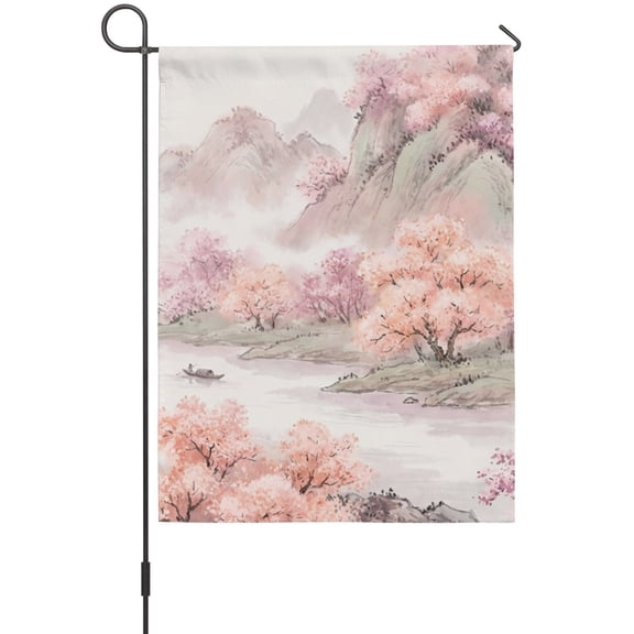 Pink Trees Garden Flag 12 x 18 Inches, Landscape Flowering Trees Misty Mountains Weather Proof Outdoor Patio Flags Double Sided Small Garden Decoration for Yard Outside Home