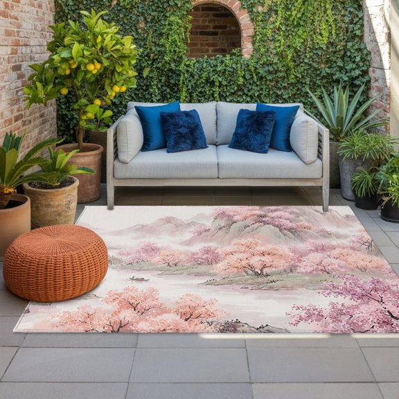 Pink Trees Indoor Outdoor Rugs 4x6 Ft, Landscape Flowering Trees Misty Mountains Outdoor Patio Rugs Mat Washable Outside Area Rugs Carpet for Porch Deck RV Camping Pool Balcony Backyard