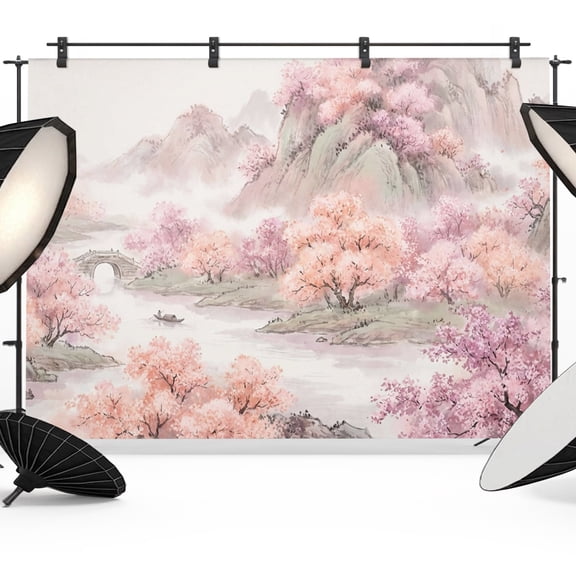 Pink Trees Photography Backdrop 8x6FT, Landscape Flowering Trees Misty Mountains Photo Backdrops, Background for Photography Studio Photo Studio Background, Back Drop for Photoshoot