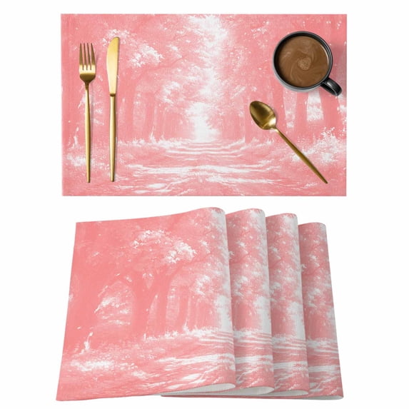 Pink Trees Placemats Set of 4 Forest Art Decor Spring Summer Nature Leaf Place Mats Indoor Wipeable Table Mats Washable Cloth Dining Table Placemats for Kitchen Holiday Party Home Decor 13x19 Inch