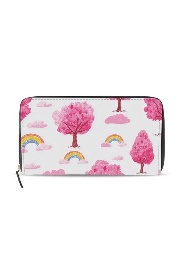 Pink Trees Rainbows Clouds Women's Long Zipper Wallet Bifold Clutch Purse PU Leather Card Cases