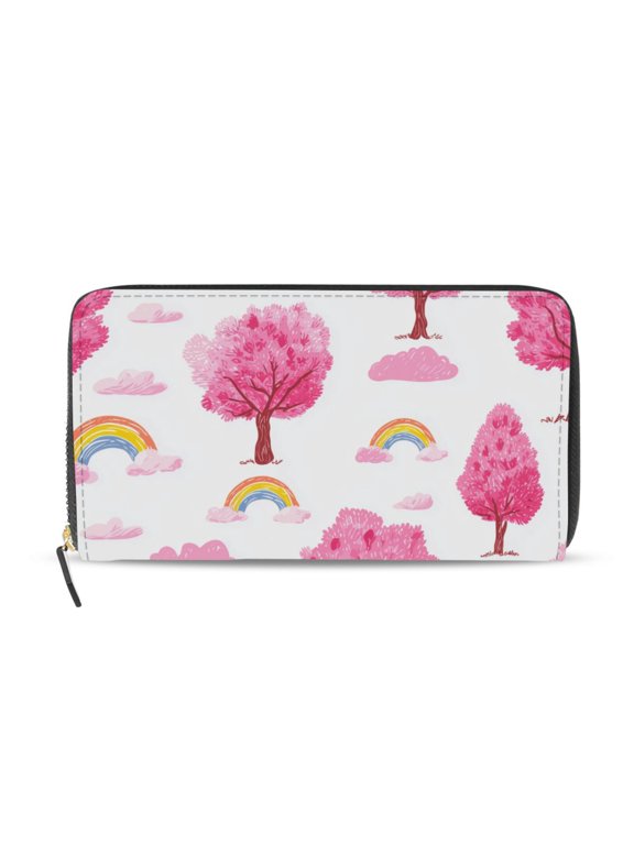 Pink Trees Rainbows Clouds Women's Long Zipper Wallet Bifold Clutch Purse PU Leather Card Cases