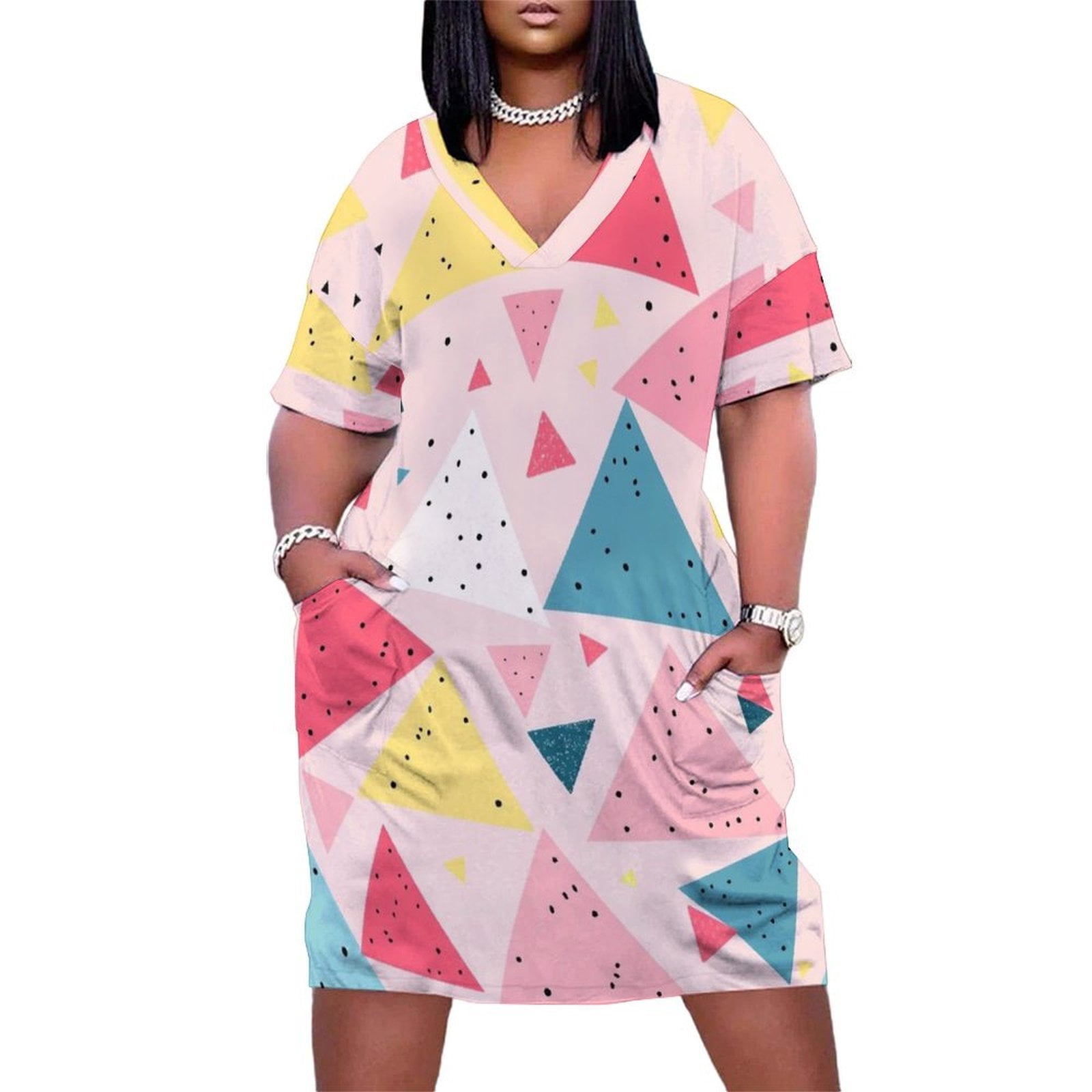 Pink Triangle Pattern Loose Pocket Dress Party Dresses for Women ...