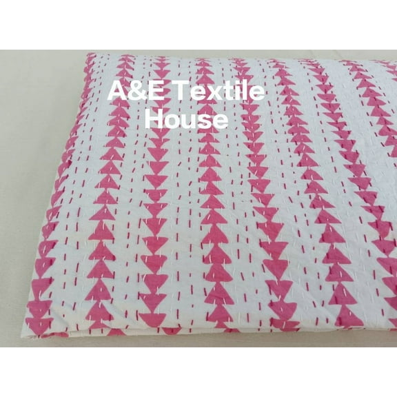 Pink Triangles Hand Block Print Kantha Quilt Pink And White Flowers Quilt Indian Kantha Pink Handmade Pink Quilt Pink Quilted Bedding A And E Textiles House