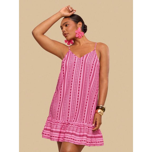 Pink Tribal Print Ruffle Hem Cami Sundress For Women