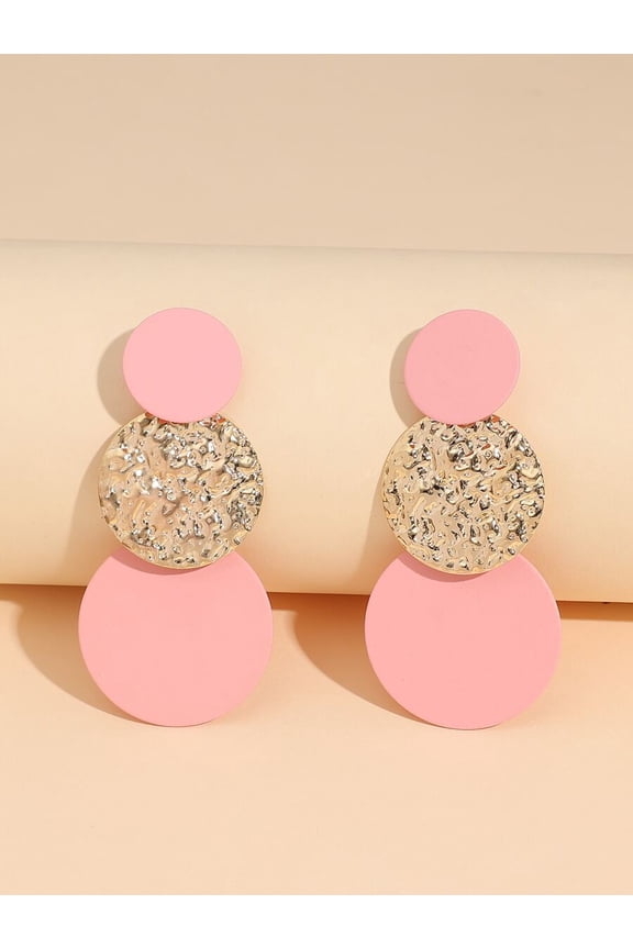 Pink Triple Circle Textured Dangle Earrings With Goldtone Center For Women,Pink