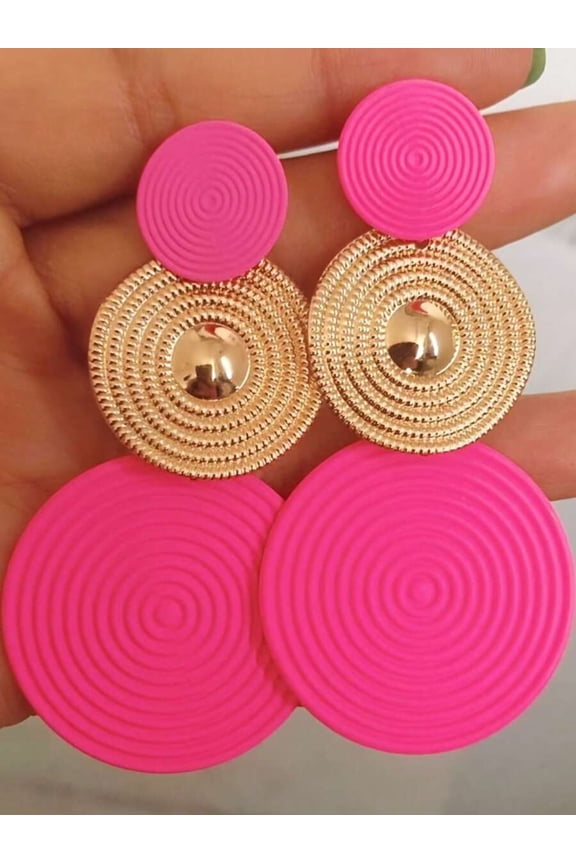 Pink Triple-Disc Statement Earrings With Spiral Texture And Textured Gold-Tone Center