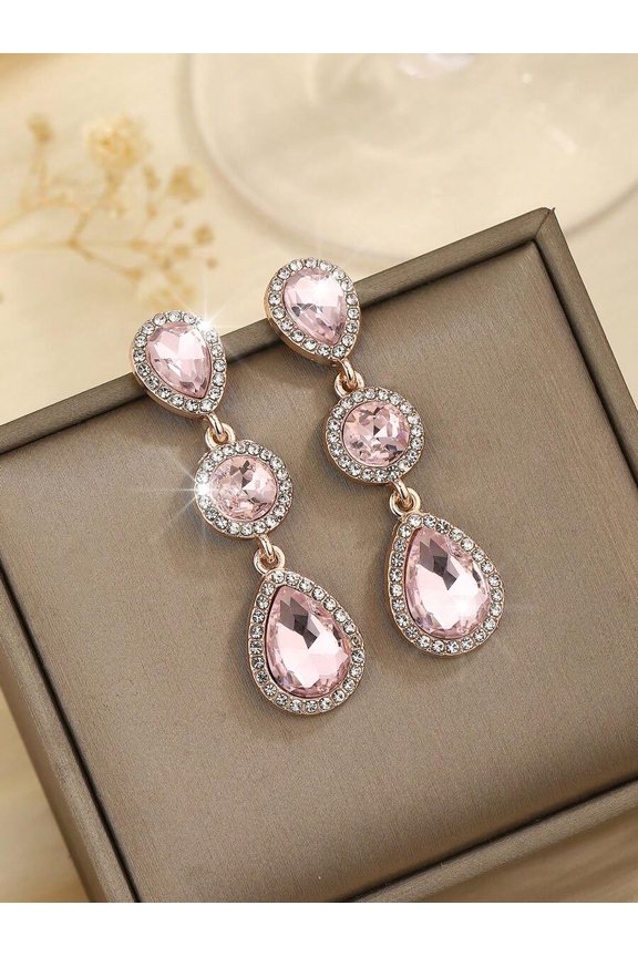 Pink Triple Drop Dangle Earrings With Faceted Glass Crystals And Rhinestone Halo Setting