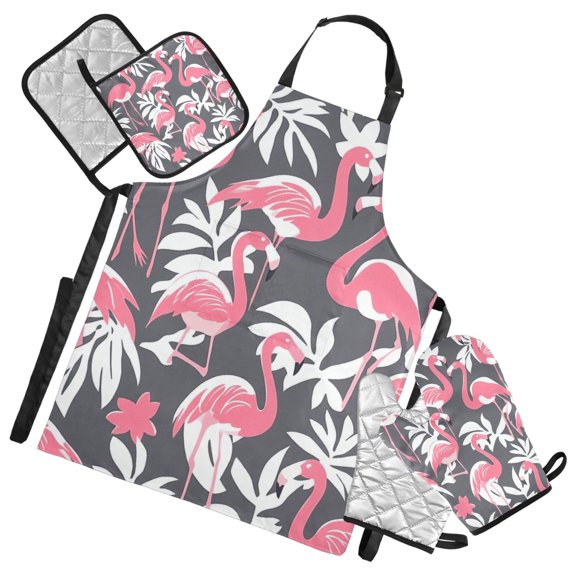 Pink Tropical Bird Oven Mitts and Pot Holders with Chef Apron Set 5 Pcs Kitchen Cooking Set