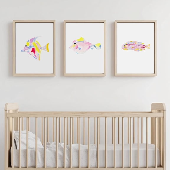 Pink Tropical Fish Print For Nursery Decor Ocean Art Tropical Fish Art Baby Girls Room Decor Pink Nursery, Stretched Canvas