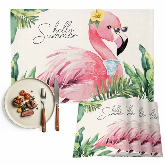 Pink Tropical Flamingos Placemat of 1 PC, Hello Summer Palm Leaf Table Mats Washable Heat-Resistant Non-Slip Place Mats for Kitchen Dinner Table Indoor Outdoor Decor,13x19 Inch Green