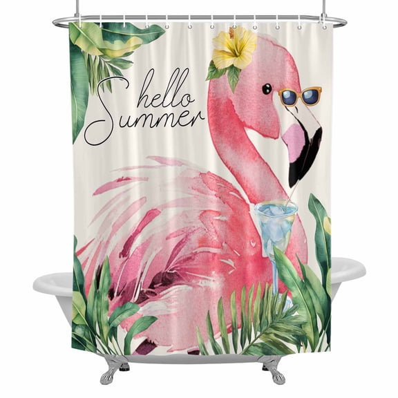 Pink Tropical Flamingos Shower Curtain Set with Hooks, Hello Summer Palm Leaf Waterproof Fabric Bathroom Curtains Decor Home Accessories,Stall 36 X 72 Inch