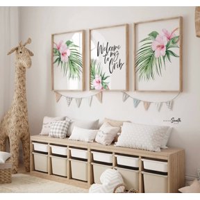 Pink Tropical Nursery Wall Art, Welcome to My Crib Prints with Hibiscus Flowers, Trendy Baby Girl Room Decor, Poster Only