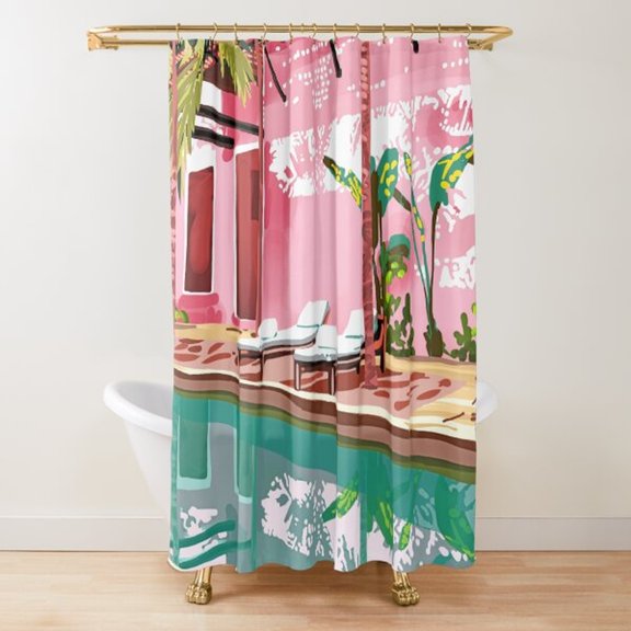Pink Tropical Poolside Shower Curtain, 100% Polyester, Palm Trees, Lounge Chairs and Building Scene