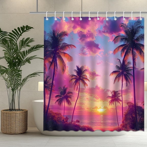 Pink Tropical Shower Curtain Palms Leaves Luau Pink Summer Bathroom Curtain Summer Sunset Shower Curtain Bathtub Decor with Hooks 36"W x 72"L (Pack of 1)