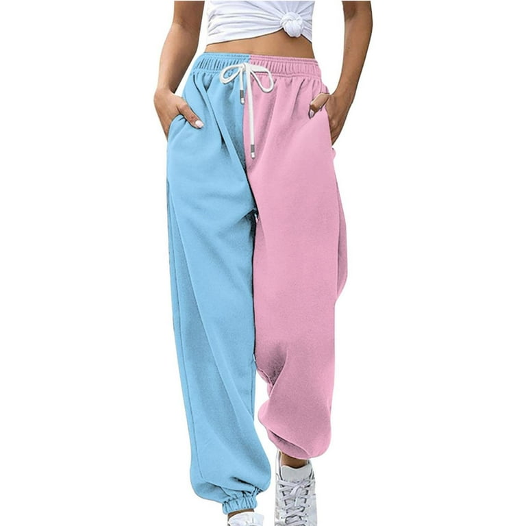 Pink Trousers for Women Dressy Casual Loose Breathable Color Blocking Gradient Casual Pants Side Pockets Leg Opening Drawstring Ladies Casual Pants