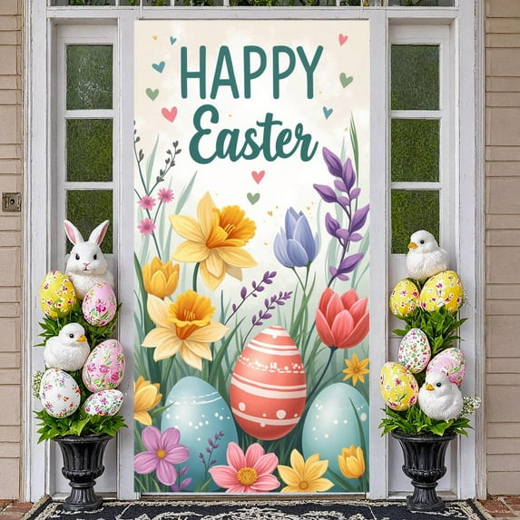 Pink Truck Easter Welcome Banner Colorful Eggs Spring Display Green Leaves Black White Plaid Bow Truck Themed Banner for Easter Party Spring Gathering Home Decoration