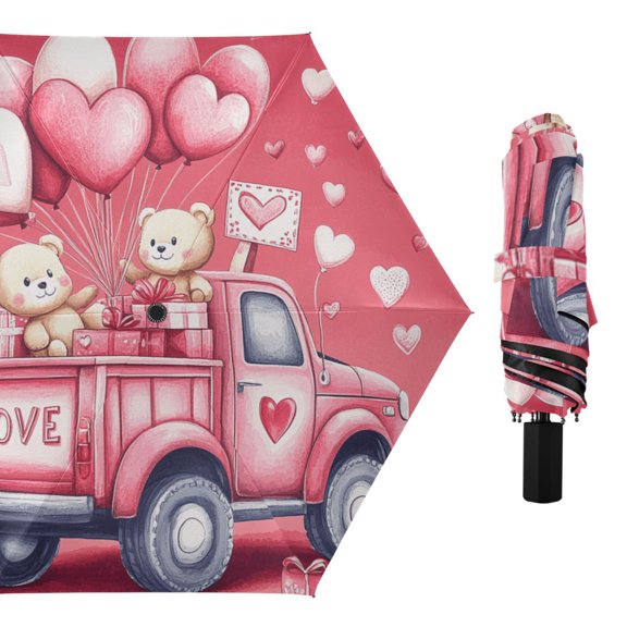 Pink Truck Teddy Bears Heart Balloons Compact Sun Umbrella Windproof Travel Umbrellas for Rain Strong Portable UV Protection