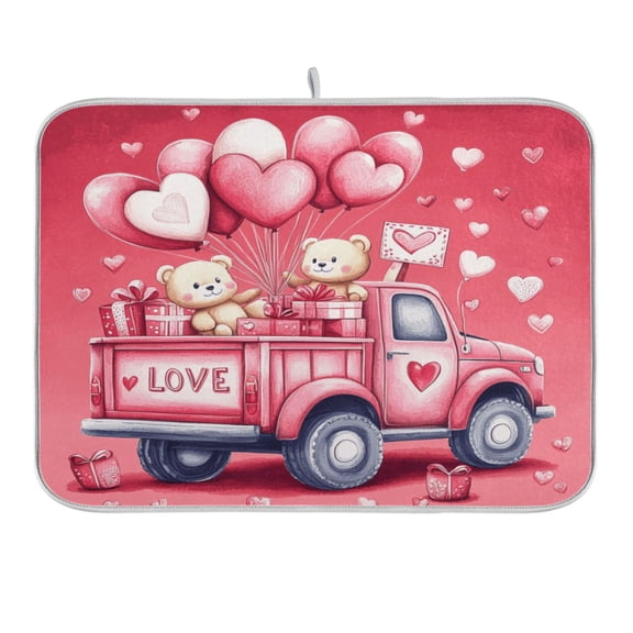 Pink Truck Teddy Bears Heart Balloons Dish Drying Mat for Kitchen Counter 16x18 In Absorbent Microfiber Reversible Mats Dish Drainer Protector Rack Pad for Coffee Bar Table