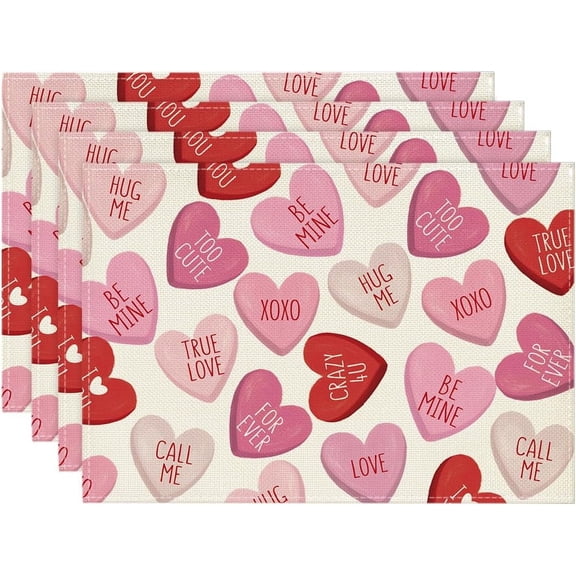 Pink True Love Heart Candy Valentine Placemats Set of 4, 12x18 Inch Seasonal Table Mats for Party Kitchen Dining Decoration