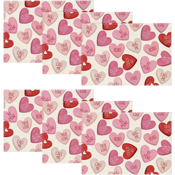 Pink True Love Heart Valentine Placemats Set of 6, 12x18 Inch Wedding Anniversary Spring Holiday Table Mats for Party Dining Decor