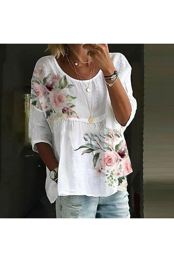 Pink Tshirts for Women Cotton Linen 3/4 Sleeve Floral Leaf Print Dressy Blouse Tops Spring Summer Oversized Loose Flowy Shirt 2025 Womens Long Sleeve Tops