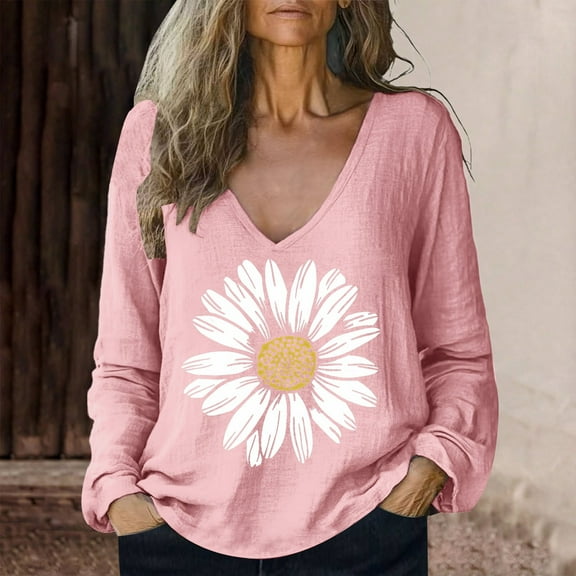 Pink Tshirts for Women Baggy Cotton Linen Tops Stylish Print Blouse for Women Plus Size Long Sleeve V Neck T Shirt Womens Long Sleeve Tops