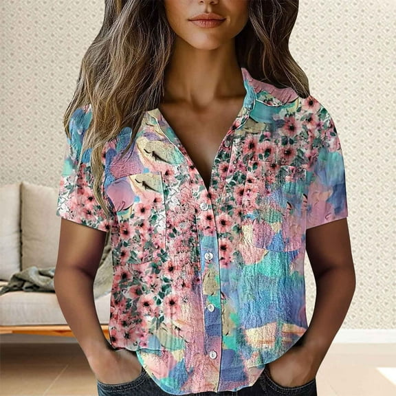 Pink Tshirts for Women Cotton Shirt Printed Fashion Down Shirts Casual Tops Short Sleeve Blouse Going Out Tops for Women