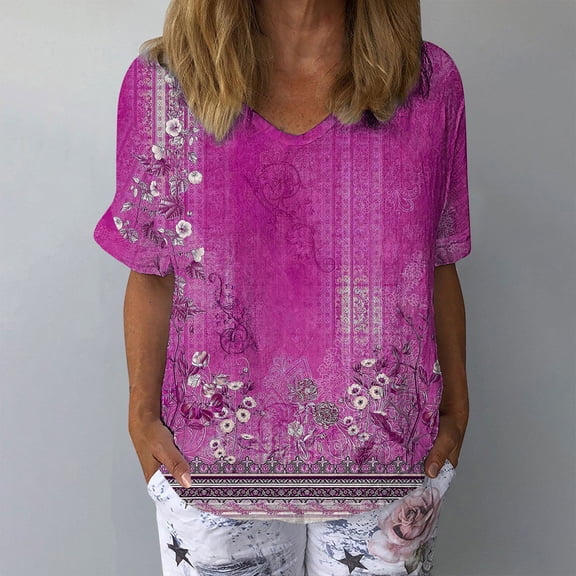 Pink Tshirts for Women Cotton and Linen Flower Art Short Sleeve V Neck Clause Shirt Womens Short Sleeve Tops