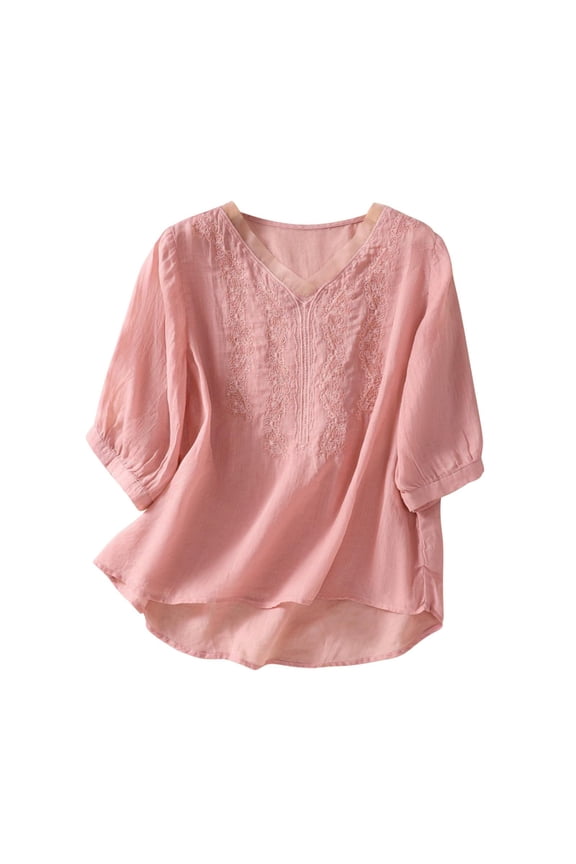 Pink Tshirts for Women Floral Tops Cotton Linen Shirts Boho Ethnic Style Tee Women 3/4 Sleeve V Neck Button Tunic Tshirt Going Out Tops for Women