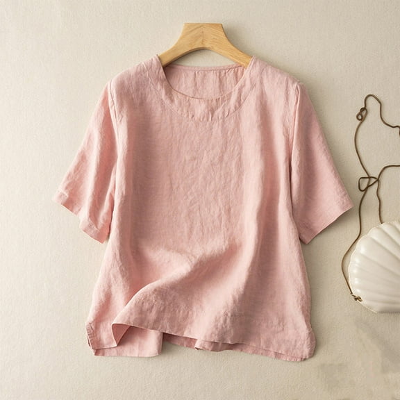 Pink Tshirts for Women Linen Shirts for Women 2025 Summer Tops Short Sleeve Loose Crewneck Tunic Tees Casual Blouse Going Out Tops for Women