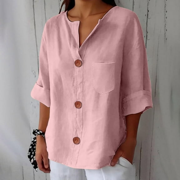Pink Tshirts for Women Linen Shirts for Women Summer 2025 Trendy V Neck 3/4 Sleeve Top Loose Vacation Beach Solid Blouses Tunic Tops Summer Tops