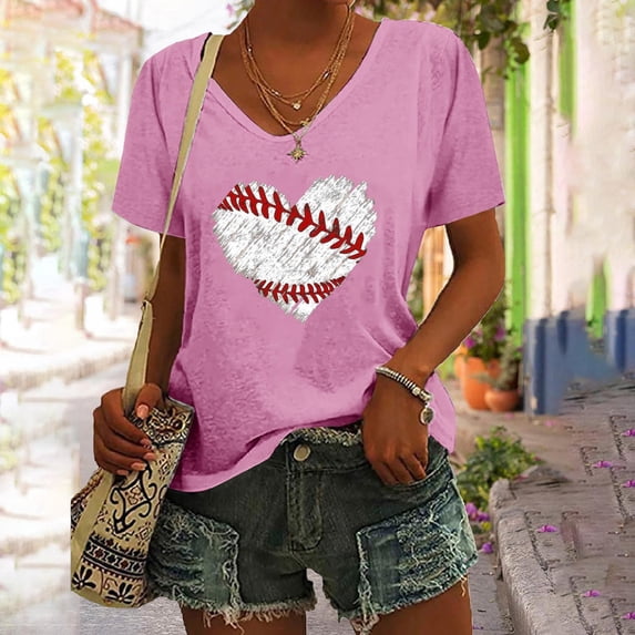 Tshirts for Women's Baseball Festival Solid Color Baseball Printed V Neck Short Sleeved Top Womens Short Sleeve Tops