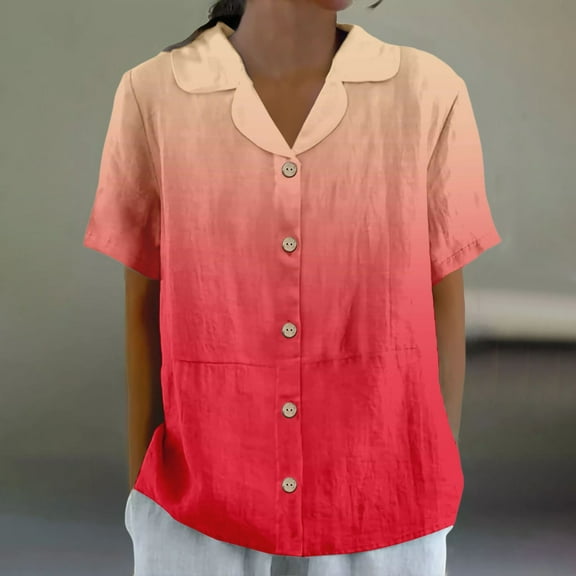 Pink Tshirts for Women's Cotton and Linen Summer Casual Collar Short Sleeved Blouse Going Out Tops for Women