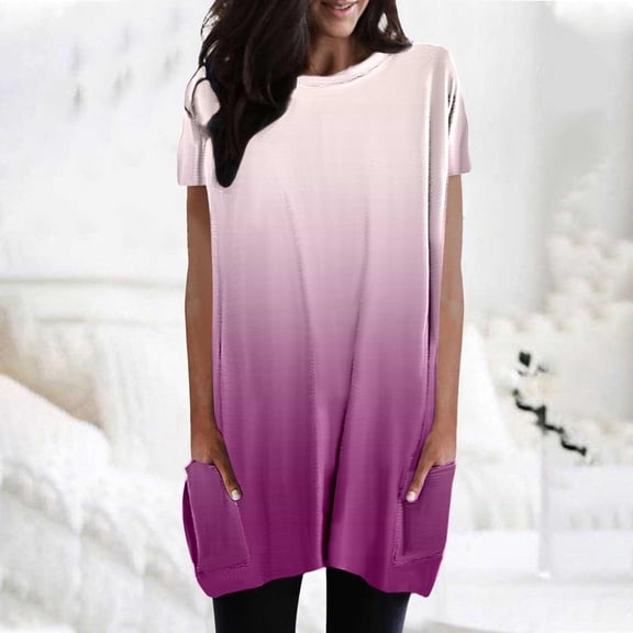 Pink Tshirts for Women's Spring Summer Round Tie Pocket Gradient Print Loose Casual Short Sleeved T Shirt Summer Tops