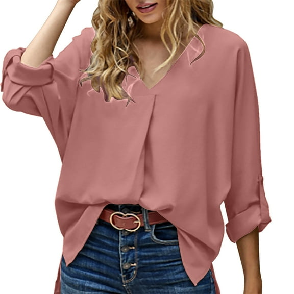 Pink Tshirts for Womens Summer 3/4 Bell Sleeve V Neck Chiffon Soft Solid Casual Tops and Blouses Loose Fit Fashion Shirts Womens Long Sleeve Tops