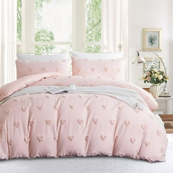 Pink Tufted Heart Dot Duvet Cover Boho Ultra Soft Jacquard Embroidery Shabby Chic Washed Microfiber Bedding Set,Full Size