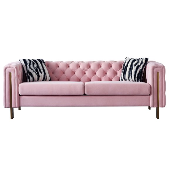 Pink Tufted Velvet Couch with Gold Metal Legs / Quick Assembly, Comes with Pillows