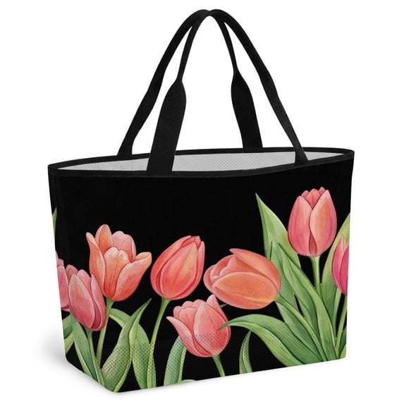 Pink Tulip Beach Bag for Women, Large Breathable Mesh Beach Tote Bag, Spring Floral Summer Botanical Black Sandproof Lightweight Travel Bags for Vacation Picnic Swimming Pool 15.7"x15.7"x9.1"