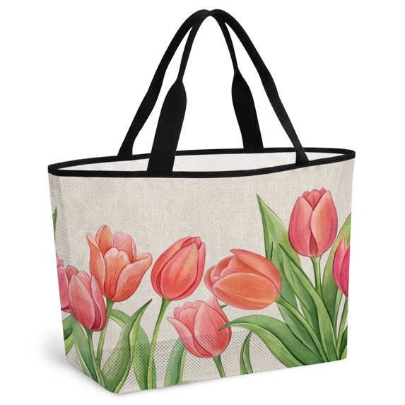 Pink Tulip Beach Bag for Women, Large Breathable Mesh Beach Tote Bag, Spring Floral Summer Botanical Linen Vintage Sandproof Lightweight Travel Bags for Vacation Picnic Swimming Pool 15.7"x15.7"x9.1"