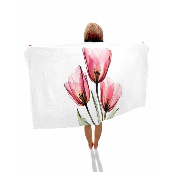 Pink Tulip Beach Towels Oversized Super Absorbent, Modern Blossom Pastel White Floral Petal Lightweight Bath Towel Quick Dry Sets For Bathroom/Pool/Rv Camping/Beach Play/Gym Room/Picnic 23"x47"