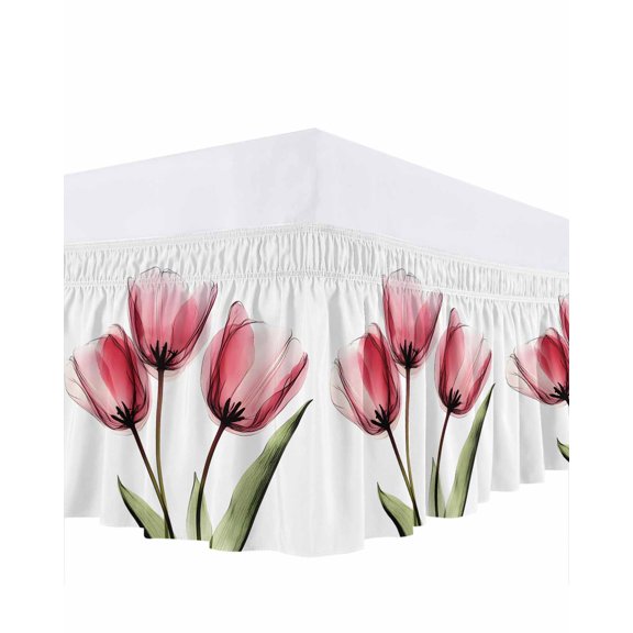 Pink Tulip Bed Skirt Image Flower Abstract Transparent Floral Bed Skirts King Size 16 Inch Drop, Wrap Around Dust Ruffle Bedskirt with Adjustable Elastic Belt for Queen Size Beds