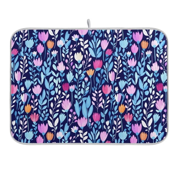 Pink Tulip with Blue Leaves Dish Drying Mat for Kitchen Counter 16x18 In Absorbent Microfiber Reversible Mats Dish Drainer Protector Rack Pad for Coffee Bar Table