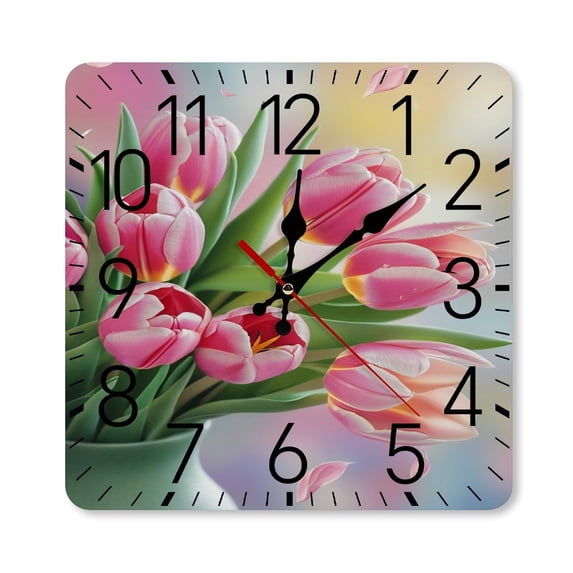 Pink Tulip Bouquet Art Print Wall Clock Silent Non-Ticking For Home Office Decor, Decorative Clock Art
