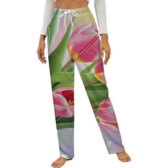 Pink Tulip Bouquet Art Print Winter Female Pants Flannel High Waist Women Pants Lady Warm Straight Leg Plush Trousers